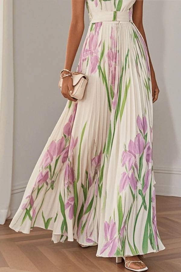 White Pleated Floral Chiffon Square Neck Sleeveless A-Line Maxi Dress
