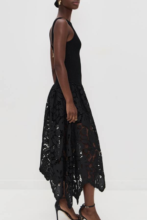 Sleeveless Rib Knit Lace Asymmetric Midi Dress