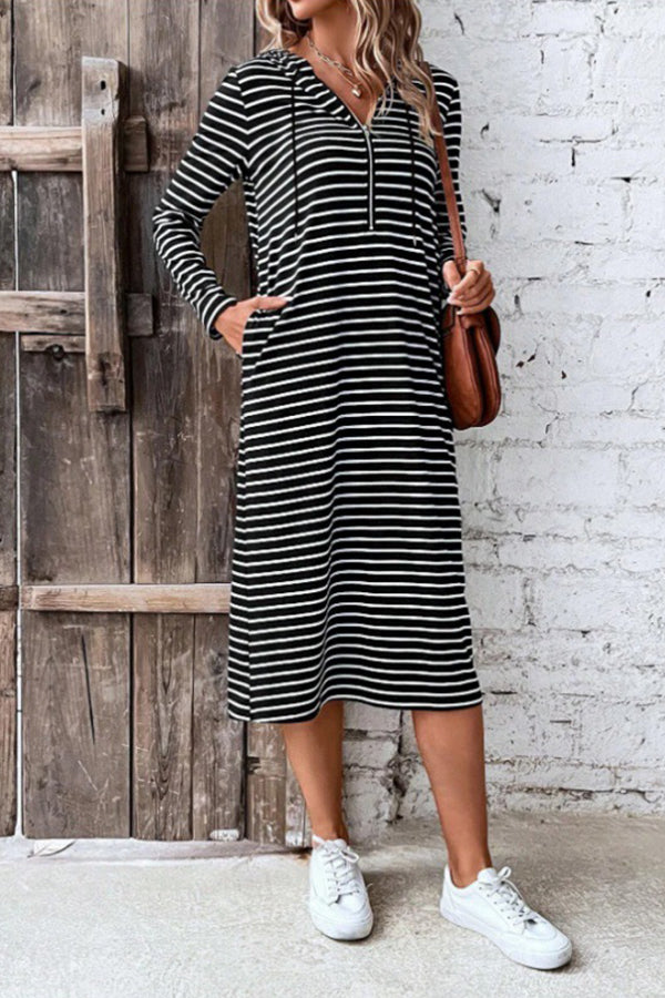 Striped hooded slim fashion long-sleeved dress