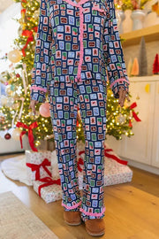 Postcards To Santa Unique Print Ruffles Trim Pocket Shirt and Elastic Waist Pajama Set