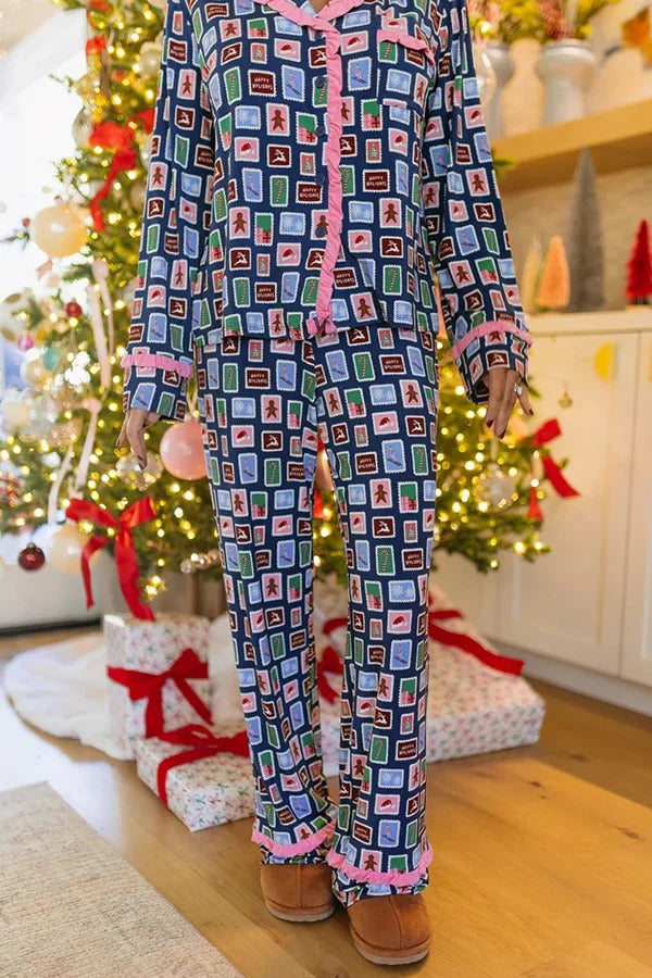Postcards To Santa Unique Print Ruffles Trim Pocket Shirt and Elastic Waist Pajama Set