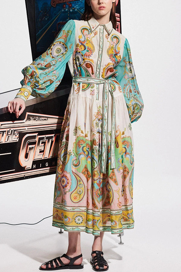 Unique Print Balloon Sleeve Belt Shirt Midi Dress