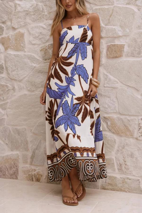 Tropical Leaf Print Square Neck Cami Waisted Maxi Dress
