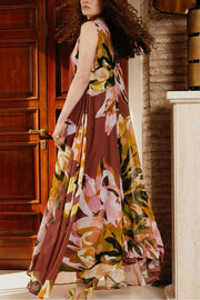 Beachside Bliss Floral Print V-neck Scarf A-line Maxi Dress