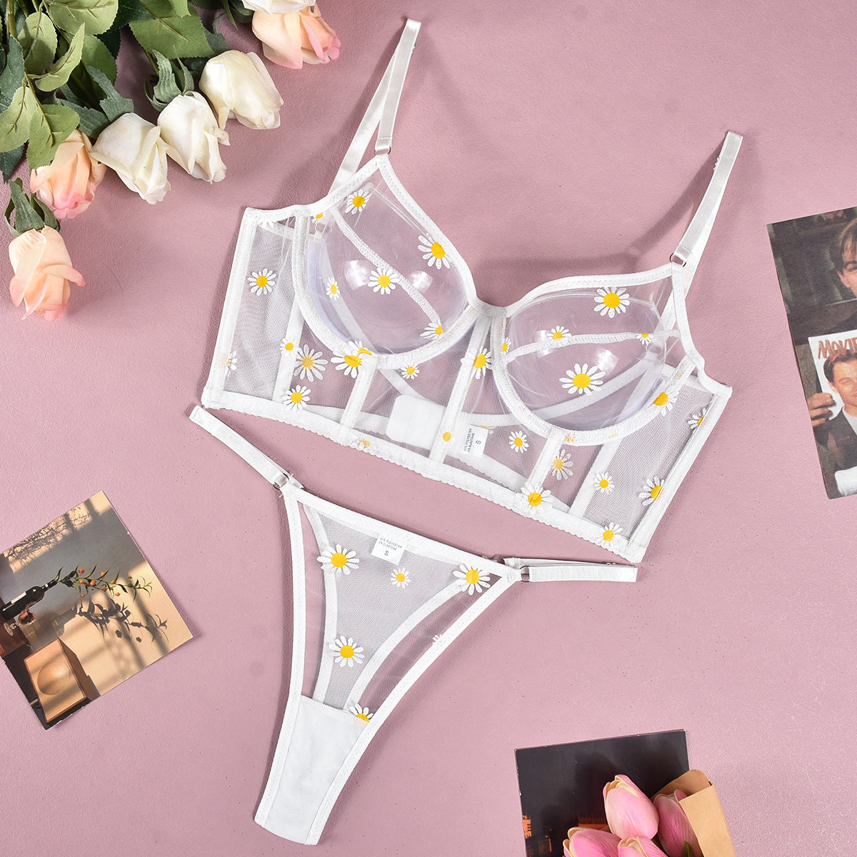 Sexy lingerie mesh embroidered flower underwire fishbone sexy suit