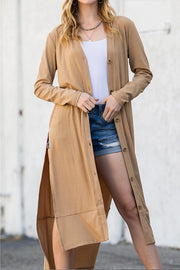 Ribbed Button Up Side Split Duster Cardigan