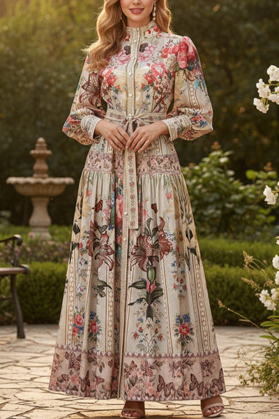 Retro floral butterfly print stand-up collar tie-waist long dress