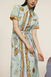 Deep Sea Dreaming Linen Blend Unique Print Short Sleeve Tie-up Shirt Maxi Dress