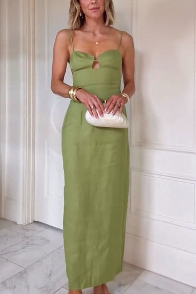 Sharyn Linen Blend Bodice Cutout Back Tie-up Slit Slip Maxi Dress