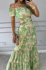 Beach resort style printed waist-baring dress