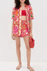 Neima Unique Print Wave Trim Button Up Short Sleeve Shirt and Elastic Waist Pocket Loose Shorts Set