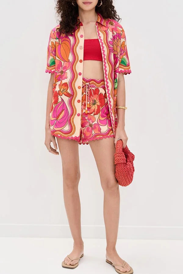 Neima Unique Print Wave Trim Button Up Short Sleeve Shirt and Elastic Waist Pocket Loose Shorts Set