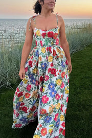 Garden Wedding Floral Print Back Tie-up Pocketed Slit Maxi Dress