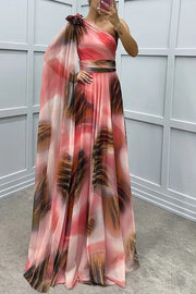 Lucia Unique Print Floral Detail One Shoulder Draped Sleeve Gown Maxi Dress