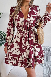 Floral print deep V long sleeve fitted waist ruffle dress