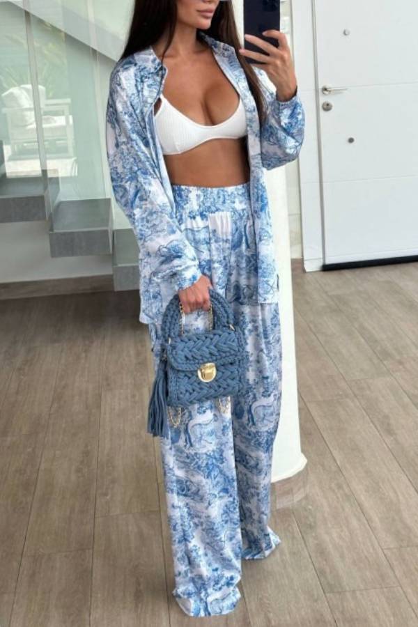 Blue And White Printed Long Sleeve Shirt Wide Leg Pants Two Piece Set