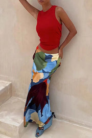Bright and Bold Satin Abstract Color Blocks Print Elastic Waist Drape Maxi Skirt