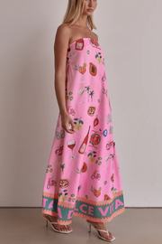 Feeling Fun Linen Blend Unique Print Off Shoulder Loose Maxi Dress