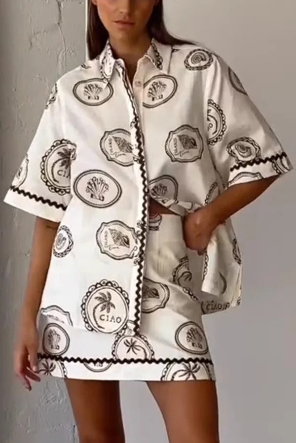 Resort Style Print Lapel Short Sleeve Shirt and Casual Mini Skirt Set