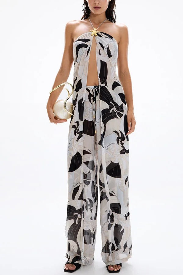 Adrenia Unique Print Metal Starfish Front Slit Halter Tank and Elastic Waist Loose Pants Set