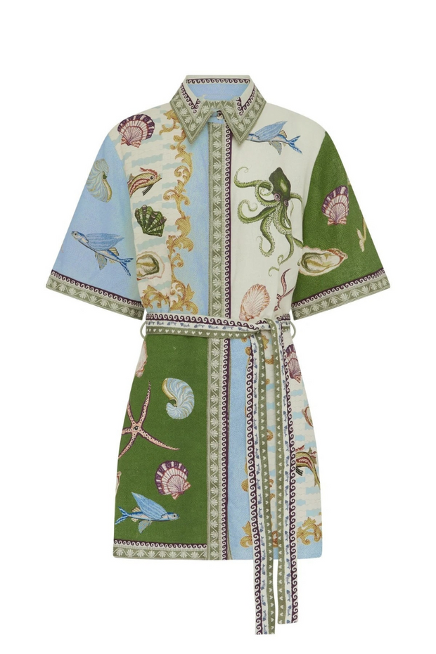 Deep Sea Dreaming Linen Blend Unique Print Tie-up Pocketed Shirt Mini Dress