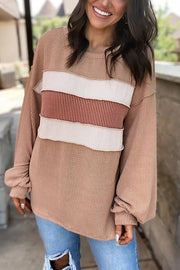 Light Beige Patchwork Corded Lantern Sleeve Top