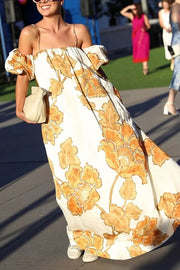 Floral Print Suspenders Puff Sleeves Loose Pocket Holiday Maxi Dress