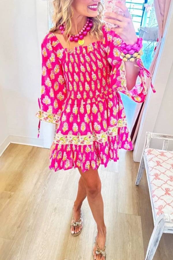 Square Neck Smocked Floral Mini Dress
