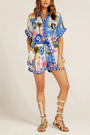 Unique Printed Short-sleeved Casual Loose Shirt and Elastic Waist Drawstring Pocket Shorts Set