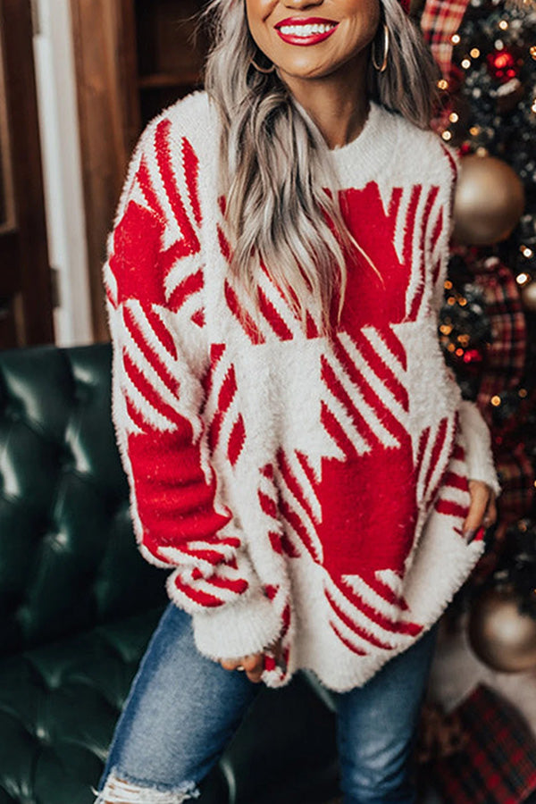 Red Fuzzy Check Drop Shoulder Sweater