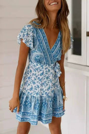 Ethnic print V-neck ruffle dress