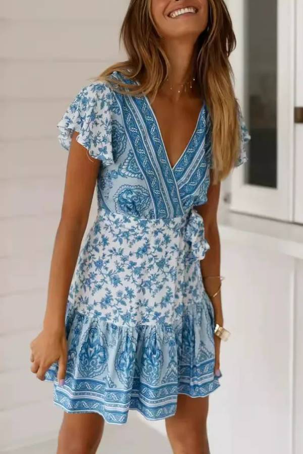 Ethnic print V-neck ruffle dress