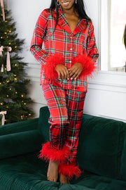 Christmas-themed satin feather-trimmed pajama set