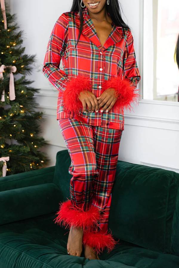 Christmas-themed satin feather-trimmed pajama set