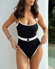 Women's contrast color suspender one-piece swimsuit