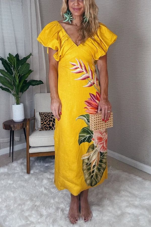 Plant Print V-neck Open Back Holiday Style Slit Midi Dress