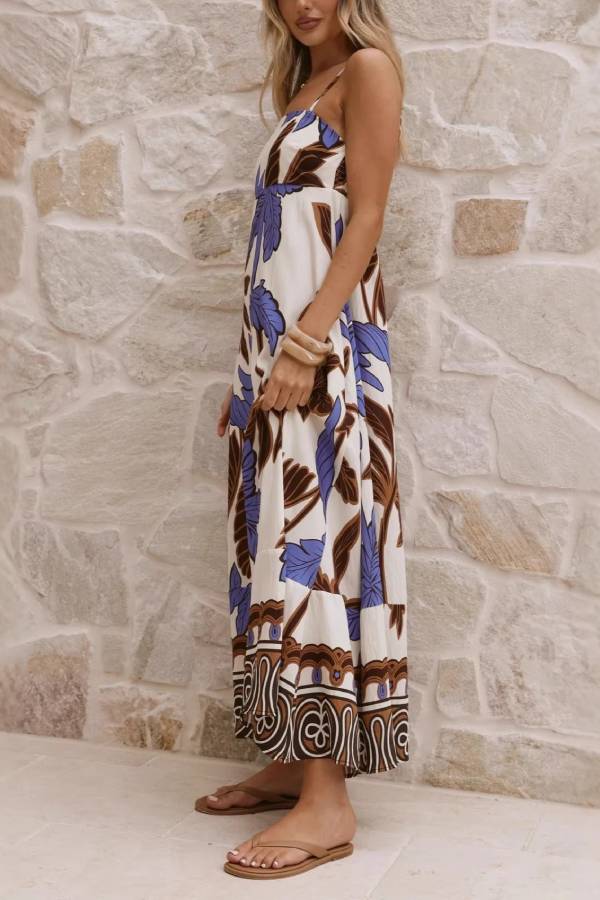 Tropical Leaf Print Square Neck Cami Waisted Maxi Dress