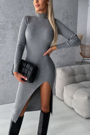 Morning Escape Knit Turtleneck Long Sleeve Slit Irregular Midi Dress