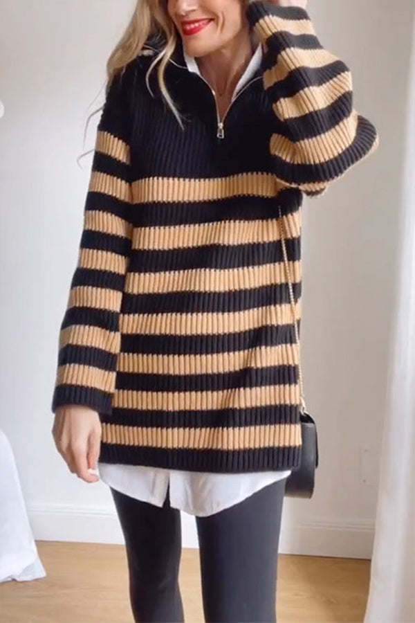 Quarter Zip V Neck Ribbed Knit Striped Pullover Sweater