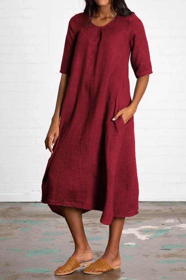 Round Neck Half Sleeve Long Solid Color Casual Cotton Linen Dress