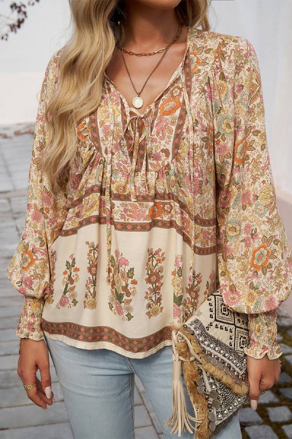 Bohemian-style printed tie-front shirt