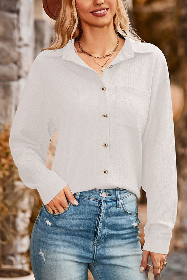 Loose Pocket Lapel Button Textured Blouse