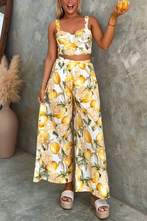 Tie Bow Backless Lemon Print Crop Cami Top