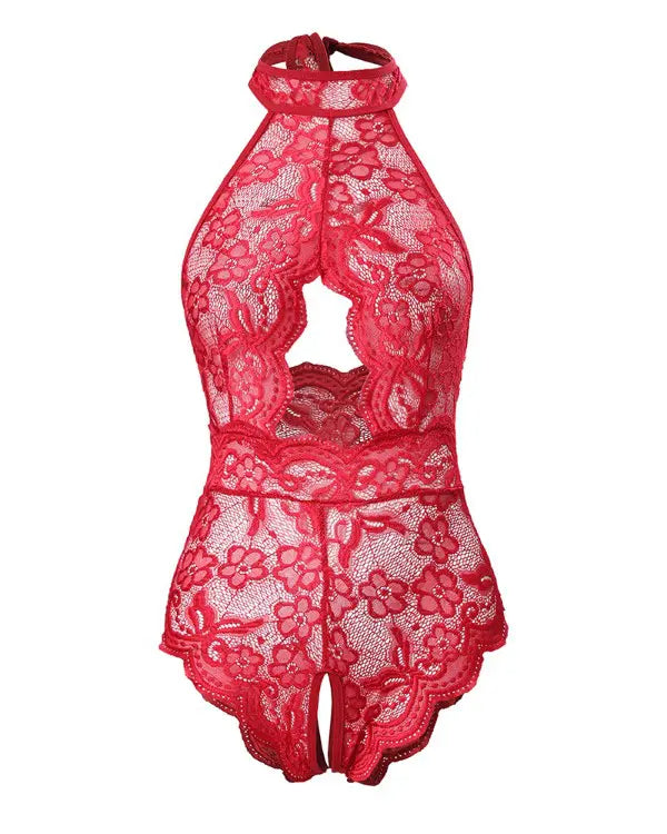 Halter Backless Cutout Crotchless Lace Teddy