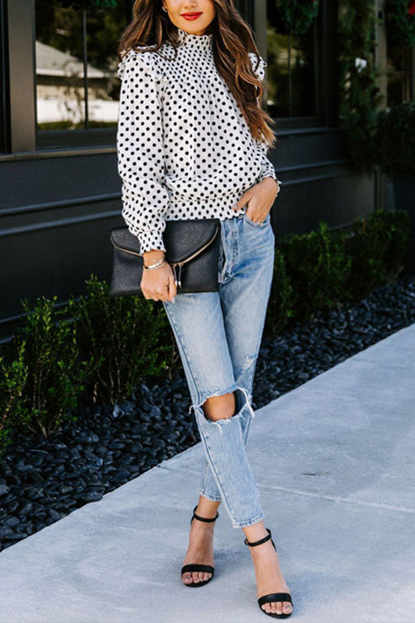 SWEET SPOT DOTTED UP PLEATED LONG SLEEVE TOP