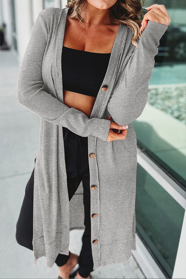 Ribbed Button Up Side Split Duster Cardigan