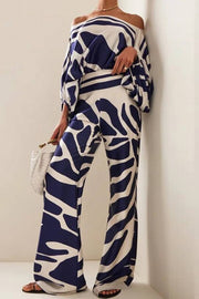 Off-the-shoulder batwing sleeve printed wide-leg pants two-piece set