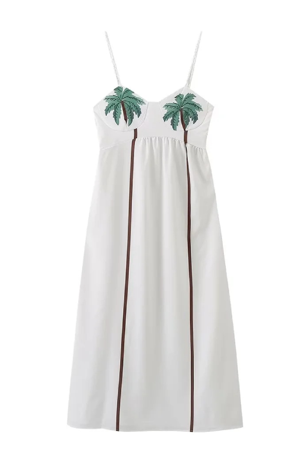 Coconut Tree Pattern Pleated Tank Top A-Line Maxi Dress