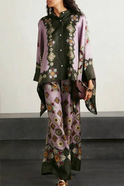 Satin Unique Print Loose Batwing Sleeve Top and Elastic Waist Pocket Casual Wide-leg Pants Set