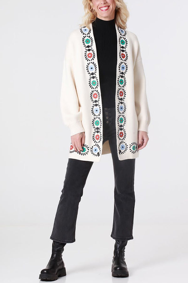 Off-white knitted cardigan with embroidery detail